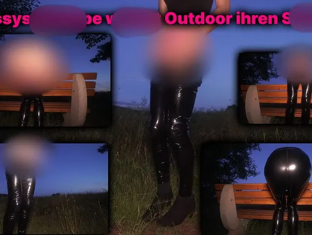 Sissyschlampe wichst ihren Schwanz in glanz Leggings, Ouverthösen, Analplug Outdoor