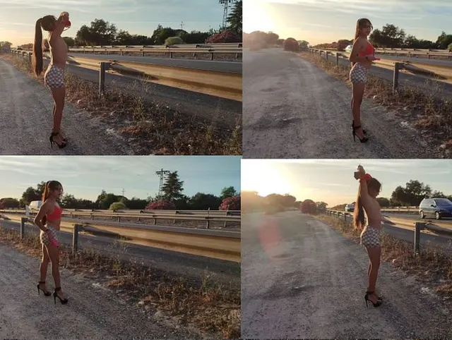 Nackt auf der Autobahn in High Heels laufen