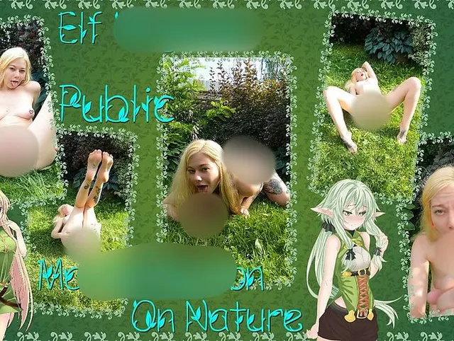 Geile nackte Elfe masturbiert in der Öffentlichkeit und hat einen Orgasmus in der Natur.