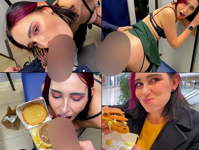 Ich wollte einen Burger mit Sperma, also bekam ich riskanten Blowjob und Fick in der Umkleidekabine