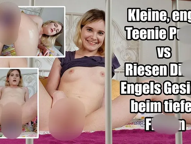 Kleine, enge Teenie Pussy vs Riesen Dildo! Engels Gesicht beim tiefen Ficken