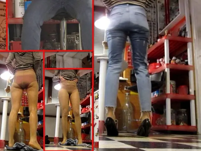 Pipi in der Küche - Piss in Jeans und Nylon-Strumpfhose