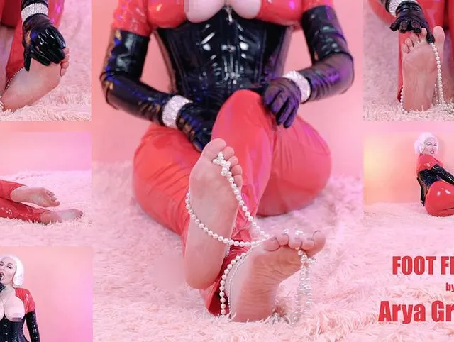 Beautiful Mistress in shiny fetish PVC tease you topless by natural boobs and with tasty oily feet