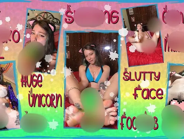 Süßes Neko-Alt-Mädchen und riesiger Regenbogen-Einhorn-Dildo mit Cumshot. FootJob, Blowjob.